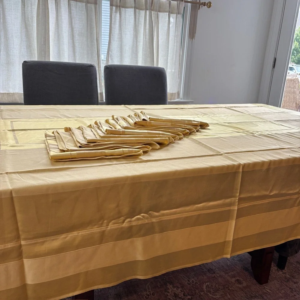 Champagne Gold Satin Stripe Tablecloth and 12 Matching Napkins Dining Set